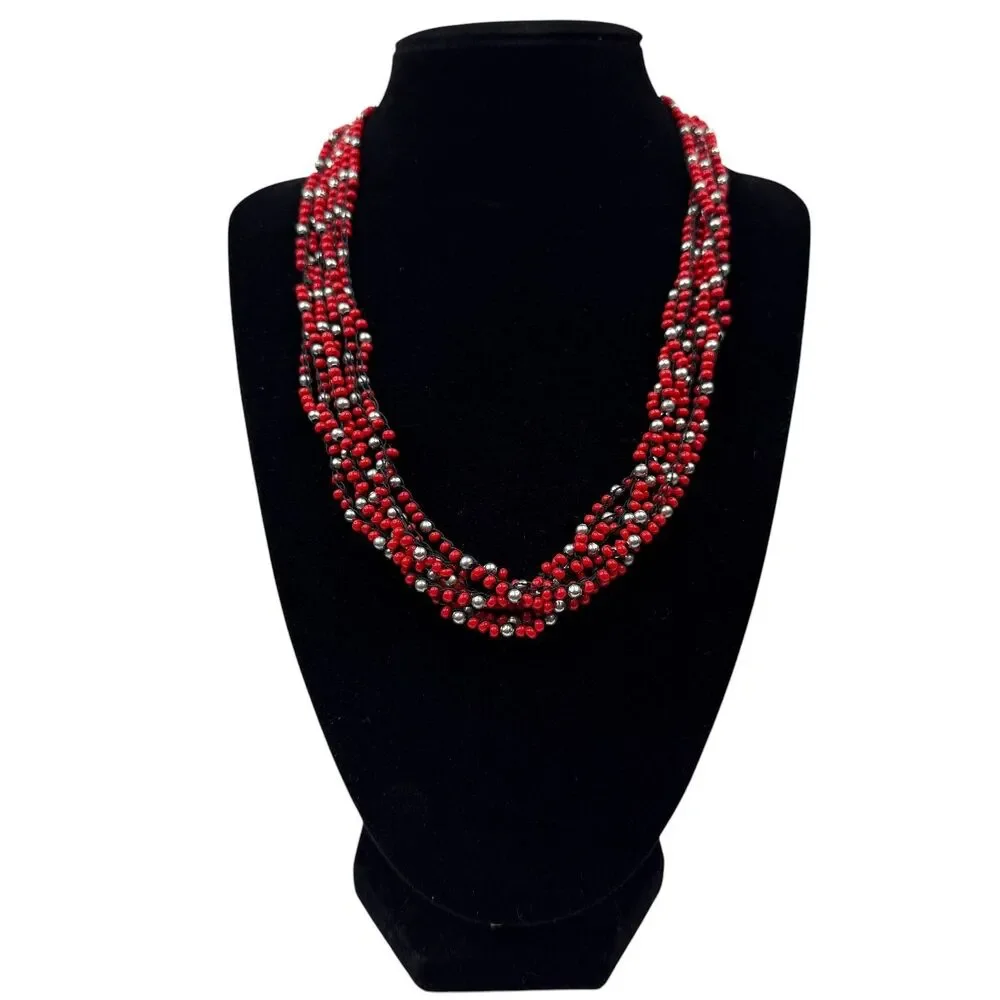 Multi-Strand Red & Silver Beaded Statement Necklace Fashion Jewelry 18